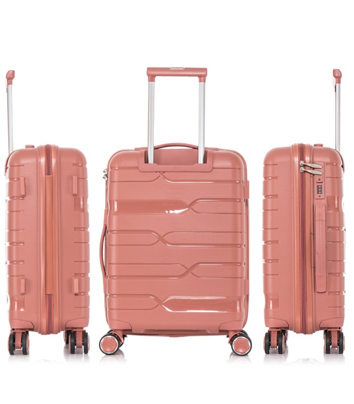 1990s Conjunto de mala expansível polipropileno 3 peças|Cabine 55x38x22cm|Médio 65cm|Grande 75cm - Ouro rosa