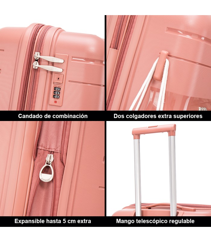 1990s Conjunto de mala expansível polipropileno 3 peças|Cabine 55x38x22cm|Médio 65cm|Grande 75cm - Ouro rosa