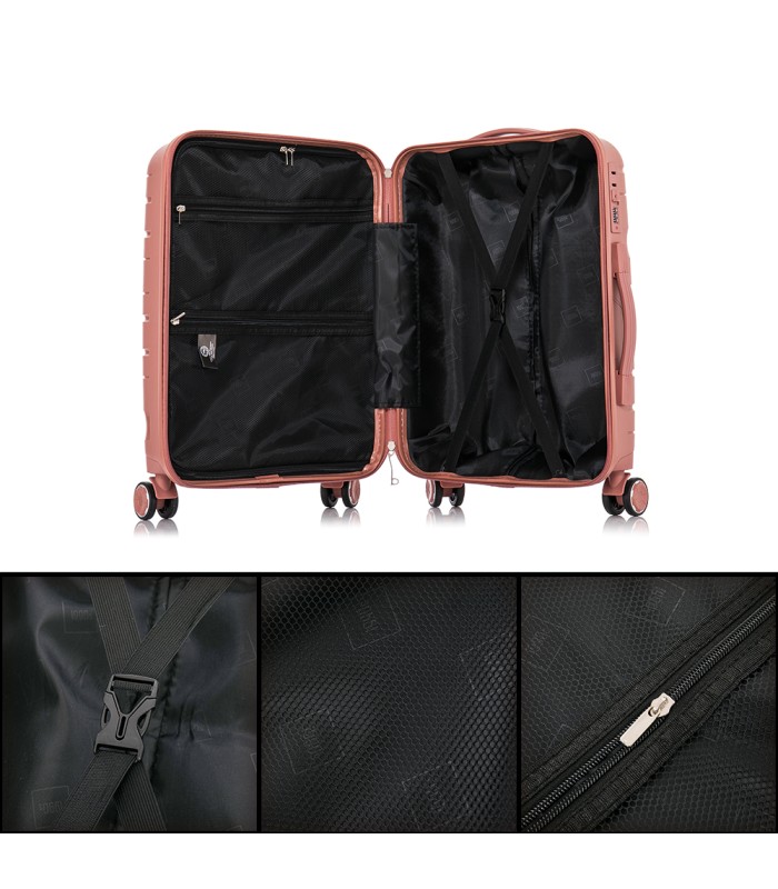 1990s Conjunto de mala expansível polipropileno 3 peças|Cabine 55x38x22cm|Médio 65cm|Grande 75cm - Ouro rosa