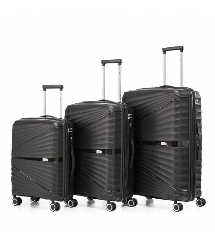 1990s Conjunto de mala expansível polipropileno 3 peças|Cabine 55x39x21,5cm|Média 65cm|Grande 75cm - Preto