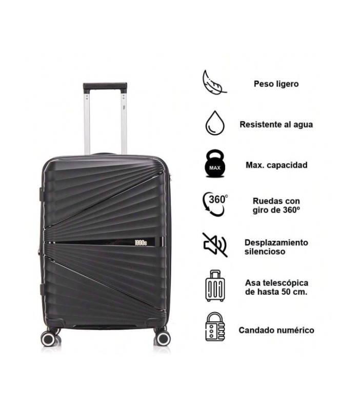 1990s Conjunto de mala expansível polipropileno 3 peças|Cabine 55x39x21,5cm|Média 65cm|Grande 75cm - Preto