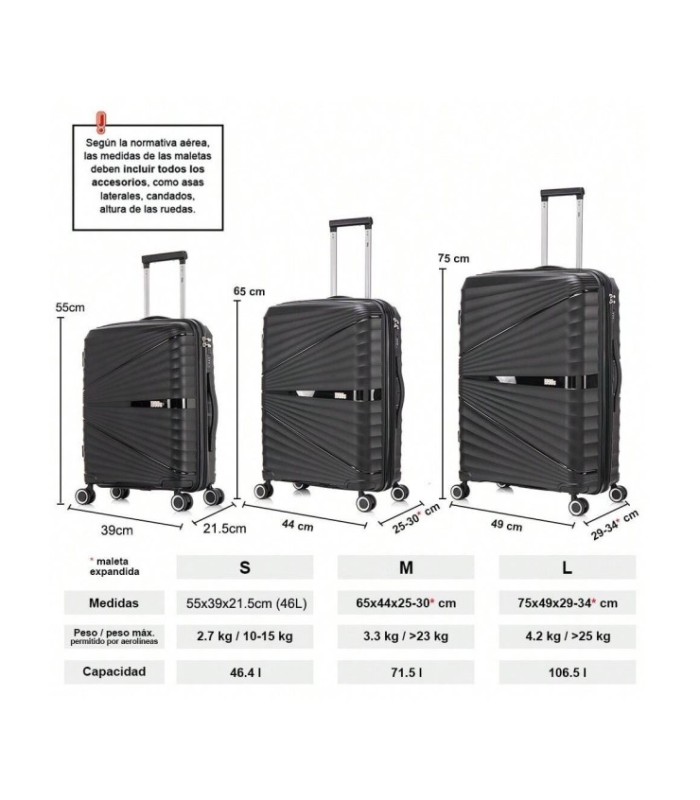 1990s Conjunto de mala expansível polipropileno 3 peças|Cabine 55x39x21,5cm|Média 65cm|Grande 75cm - Preto