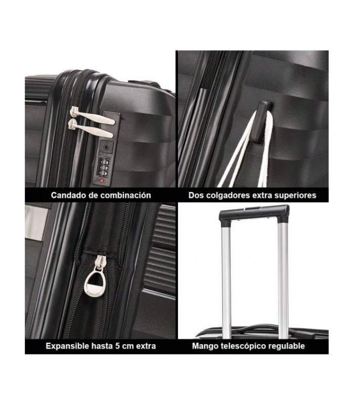 1990s Conjunto de mala expansível polipropileno 3 peças|Cabine 55x39x21,5cm|Média 65cm|Grande 75cm - Preto