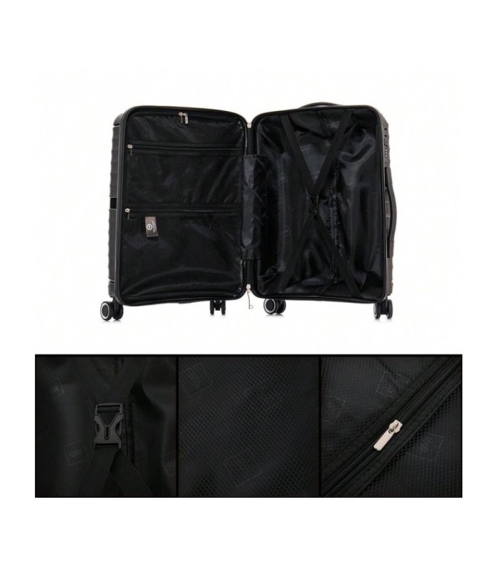 1990s Conjunto de mala expansível polipropileno 3 peças|Cabine 55x39x21,5cm|Média 65cm|Grande 75cm - Preto