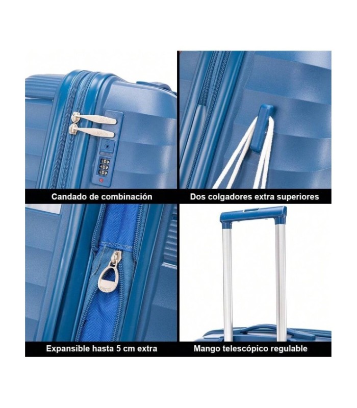 1990s Conjunto de mala expansível polipropileno 3 peças|Cabine 55x39x21,5cm|Média 65cm|Grande 75cm - Azul-marinho