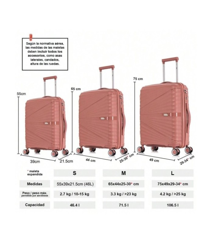 1990s Conjunto de mala expansível polipropileno 3 peças|Cabine 55x39x21,5cm|Média 65cm|Grande 75cm - Ouro rosa