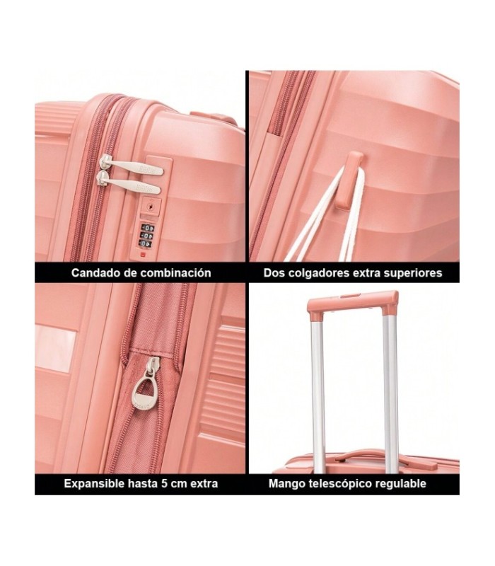 1990s Conjunto de mala expansível polipropileno 3 peças|Cabine 55x39x21,5cm|Média 65cm|Grande 75cm - Ouro rosa