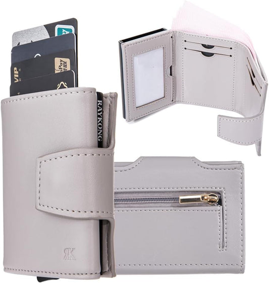 Cartera Tarjetero RAYKONG Bloqueo RFID/NFC Pop-up Automático con Monedero Fibra Carbono - Gris