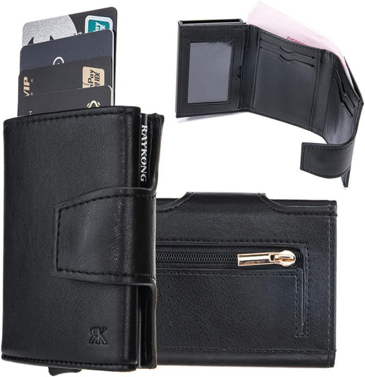 Cartera Tarjetero RAYKONG Bloqueo RFID/NFC Pop-up Automático con Monedero Fibra Carbono - Negro