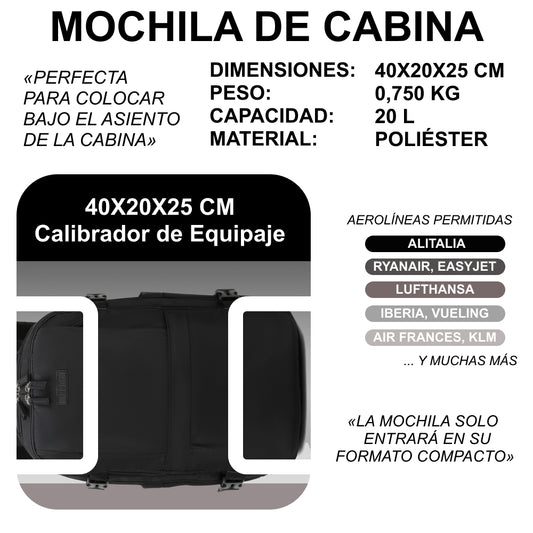 Mochila de Cabina Ryanair 40x20x25cm (20L) - Negro