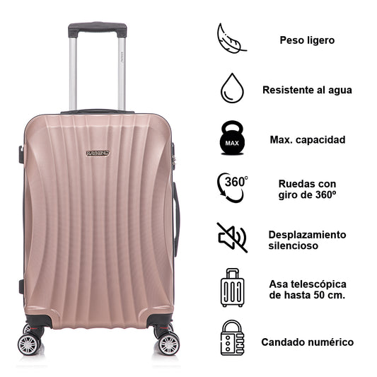 Juego de Maletas ABS Rígida 4 Piezas | Cabina 55cm + Mediana 68cm + Grande 78cm + Neceser | RosaDorado