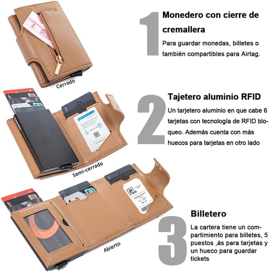 Cartera Tarjetero RAYKONG Bloqueo RFID/NFC Pop-up Automático con Monedero Fibra Carbono - Marrón
