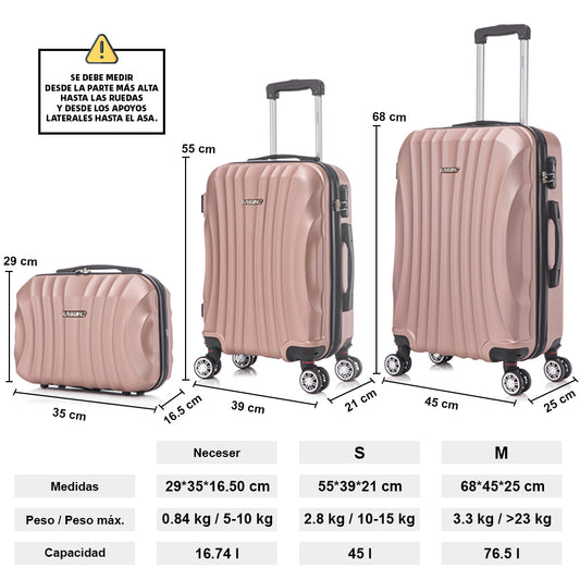 Conjunto de Malas Rígidas em ABS 3 Peças | Cabine 55cm + Média 68cm + Nécessaire | RosaDourado