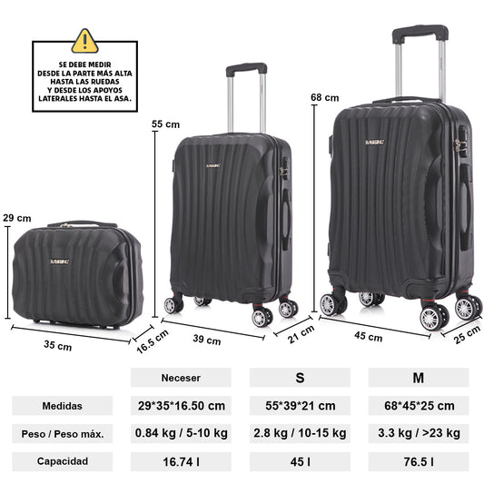 Conjunto de Malas Rígidas em ABS 3 Peças | Cabine 55cm + Média 68cm + Nécessaire | Preto
