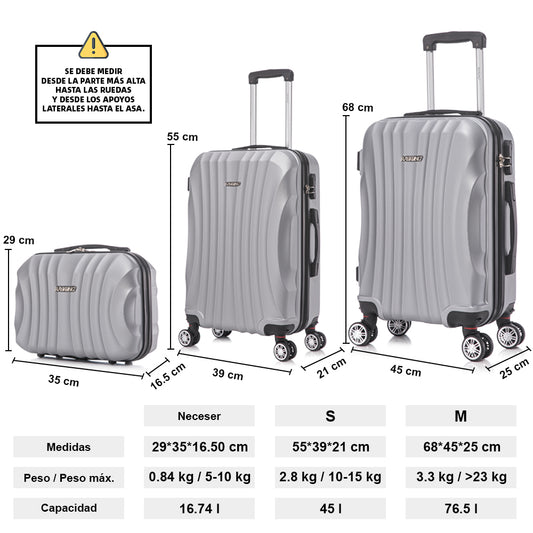 Conjunto de Malas Rígidas em ABS 3 Peças | Cabine 55cm + Média 68cm + Nécessaire | Prateada