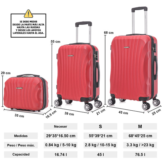 Conjunto de Malas Rígidas em ABS 3 Peças | Cabine 55cm + Média 68cm + Nécessaire | Vermelho