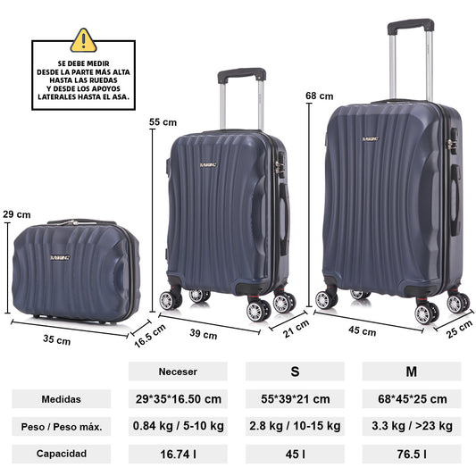 Conjunto de Malas Rígidas em ABS 3 Peças | Cabine 55cm + Média 68cm + Necessaire | Azul-Marinho