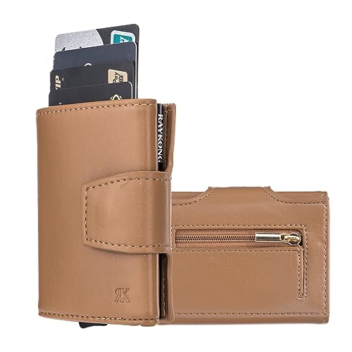Cartera Tarjetero RAYKONG Bloqueo RFID/NFC Pop-up Automático con Monedero Fibra Carbono - Marrón